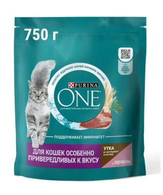 Корм сухой для кошек привередливых к вкусу Пурина Ван Утка/Печень 750г