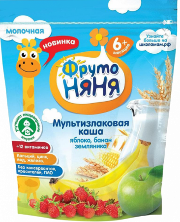 Каша молочная ФрутоНяня мультизлаковая Яблоко/Банан/Земляника с 6мес д/п 200г БЗМЖ
